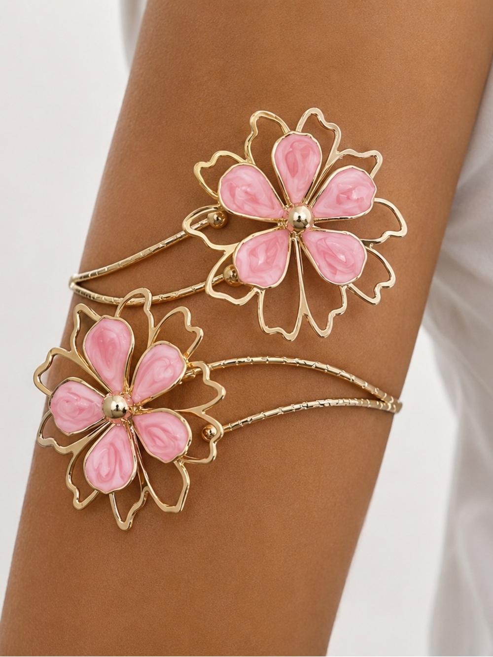 Gold-Tone Open Flower Arm Cuff with Pink Enamel Details